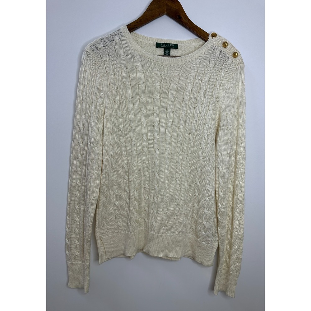 Lauren Ralph Lauren Women Cream Cable Knit Gold Button Shoulder Sweater Medium - Picture 12 of 12
